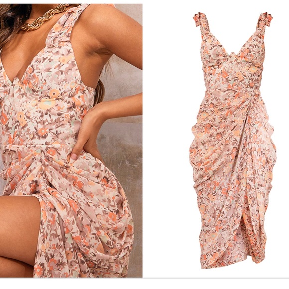 Asymmetrical Draped Pretty Little Thing floral Dress size 2 - Picture 2 of 6